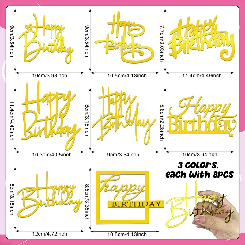 RASSLISA 24 PCS Happy Birthday Cake Toppers Mirror Acrylic Side Cake Decorations 8 Styles 3 Colors - Image 2
