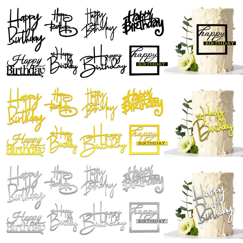 RASSLISA 24 PCS Happy Birthday Cake Toppers Mirror Acrylic Side Cake Decorations 8 Styles 3 Colors - Image 1