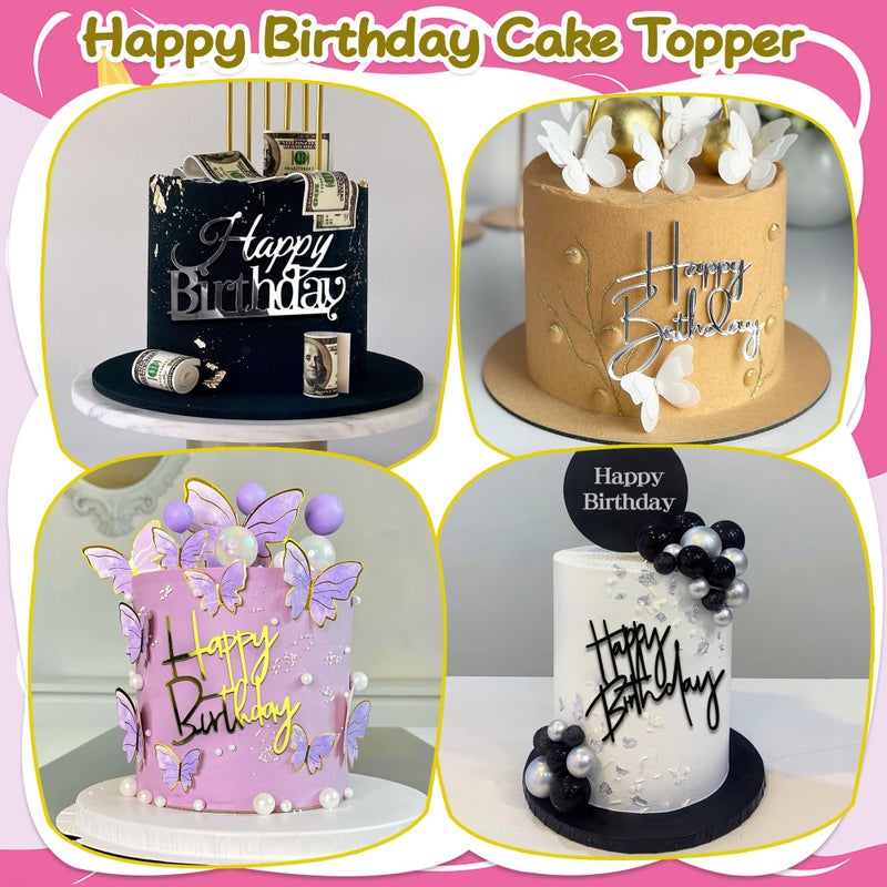RASSLISA 24 PCS Happy Birthday Cake Toppers Mirror Acrylic Side Cake Decorations 8 Styles 3 Colors - Image 4