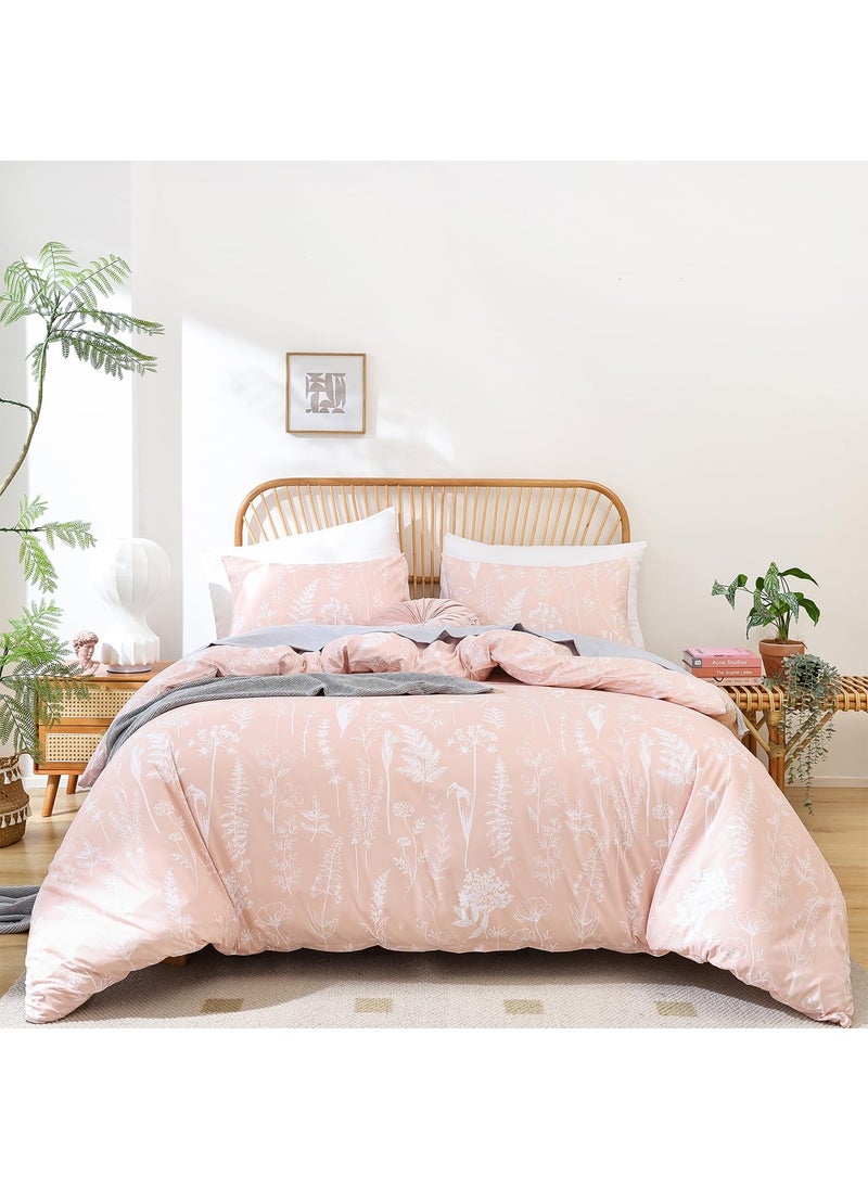 JANZAA JANZAA Queen Comforter Set Blush Comforter Floral Bedding Sets 3 Pieces Flowers Bed Comforter 1 Soft Reversible Cute Botanical with 2 Pillow Shams 