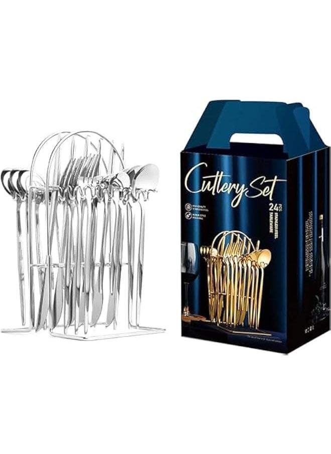 HOOKOR Silverware Set,Tableware,24 Piece Flatware Set With Stand,Stainless Steel Kitchen Utensils Set for 6,Mirror Polished Cutlery Set,Spoon and Fork Set Knife Silverware(Silver)  - Image 1