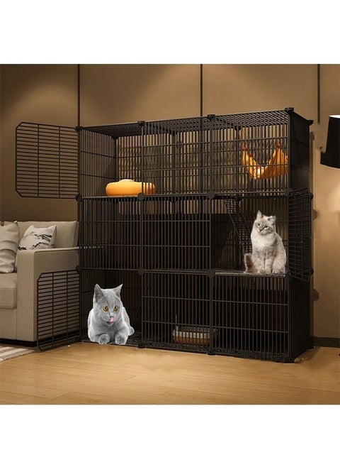 Three Layer Cat Cage Indoor DIY Cat Playground Detachable Metal Wire Kennel Crate Large Playground Suitable For 1-2 Cats Black