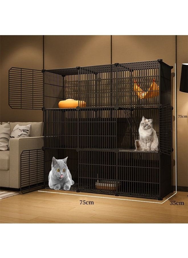 Three Layer Cat Cage Indoor DIY Cat Playground Detachable Metal Wire Kennel Crate Large Playground Suitable For 1-2 Cats Black