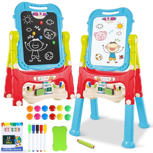 HOLYFUN Toddler Art Easel for Kids DoubleSided Magnetic Whiteboard  Chalkboard with Painting Accessories Rotatable Easel Toy Gift for Boys and Girls - Image 1