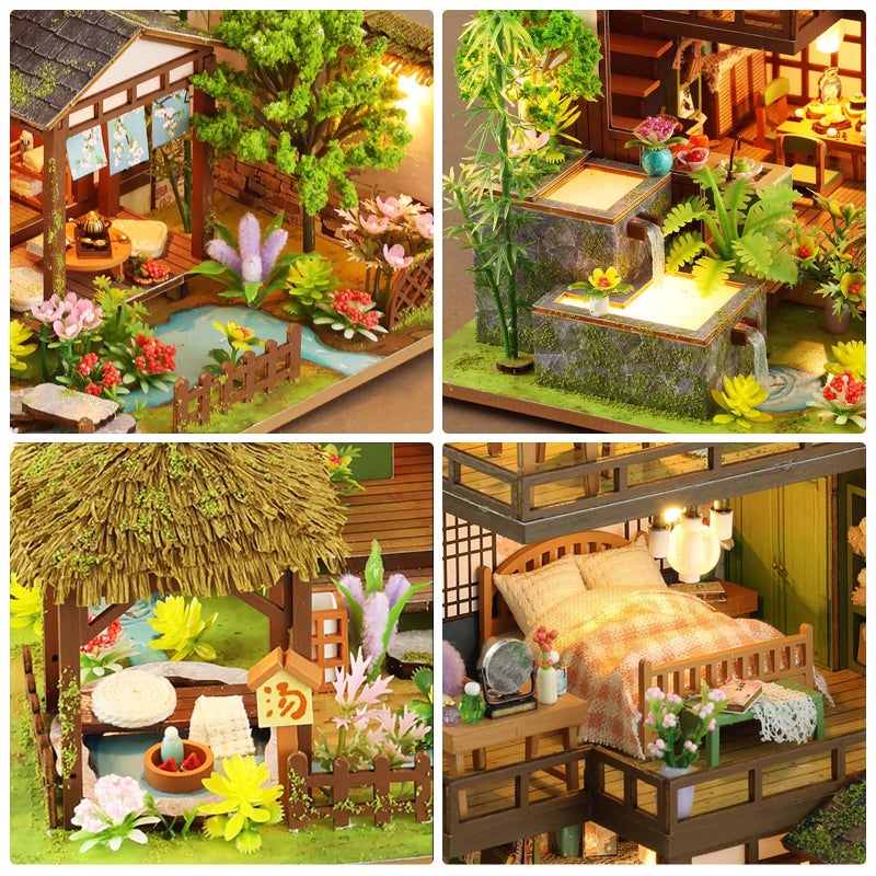 Foyucool Miniature House Kit, Tiny House Kit with Light, DIY Mini House Building Kits for Adults to Building, Unique Gift for Birthday Christmas, Bamboo Spring Courtyard - Image 3