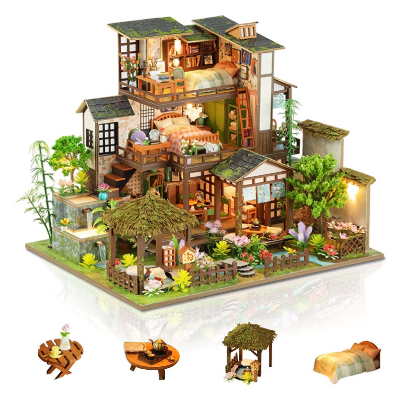 Foyucool Miniature House Kit, Tiny House Kit with Light, DIY Mini House Building Kits for Adults to Building, Unique Gift for Birthday Christmas, Bamboo Spring Courtyard - Image 1
