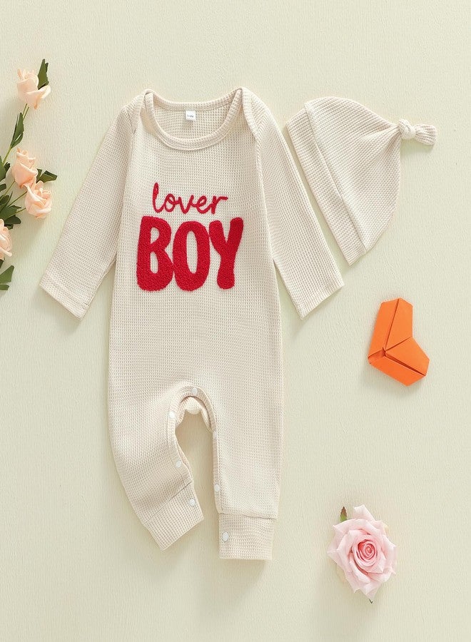 Amnnchya Newborn Boy Valentines Outfit Baby Lover One Piece Romper Waffle Long Sleeve Jumpsuit Coming Home Spring Clothes (Beige, Newborn) - Image 5
