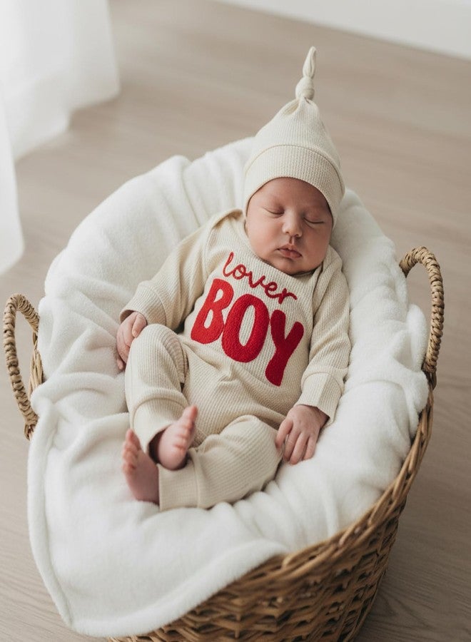 Amnnchya Newborn Boy Valentines Outfit Baby Lover One Piece Romper Waffle Long Sleeve Jumpsuit Coming Home Spring Clothes (Beige, Newborn) - Image 2
