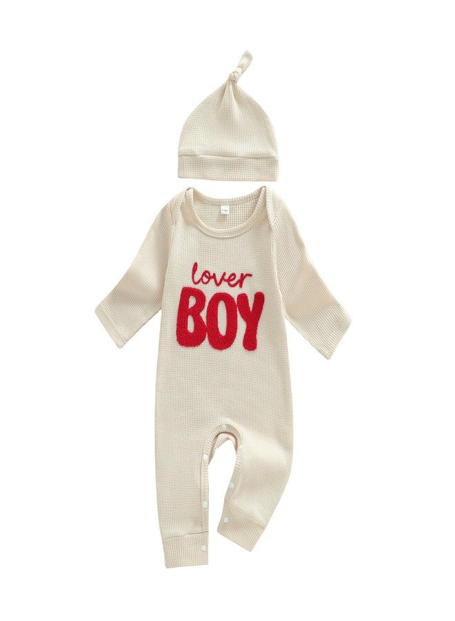 Amnnchya Newborn Boy Valentines Outfit Baby Lover One Piece Romper Waffle Long Sleeve Jumpsuit Coming Home Spring Clothes (Beige, Newborn) - Image 1