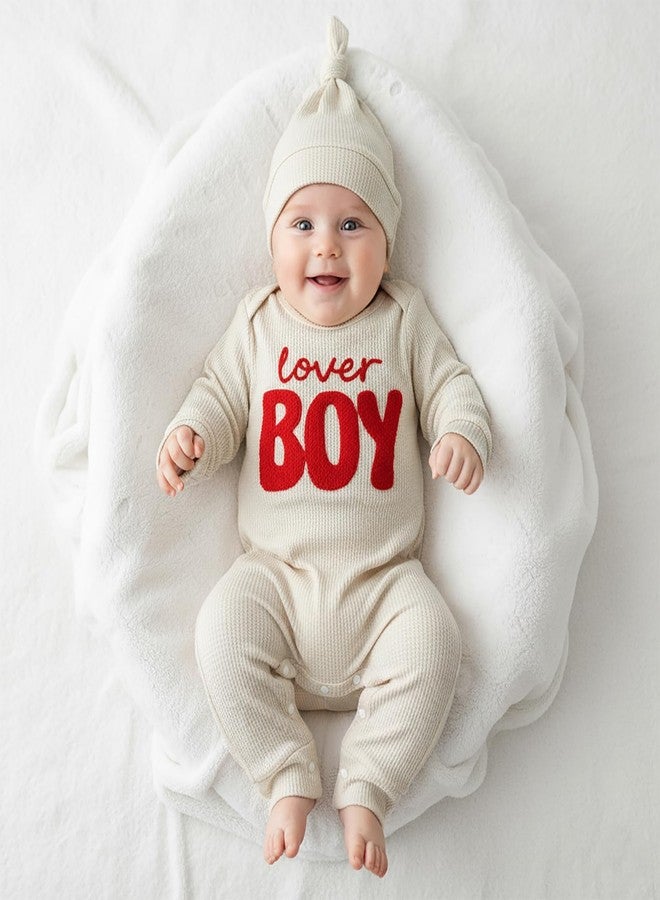 Amnnchya Newborn Boy Valentines Outfit Baby Lover One Piece Romper Waffle Long Sleeve Jumpsuit Coming Home Spring Clothes (Beige, Newborn) - Image 3