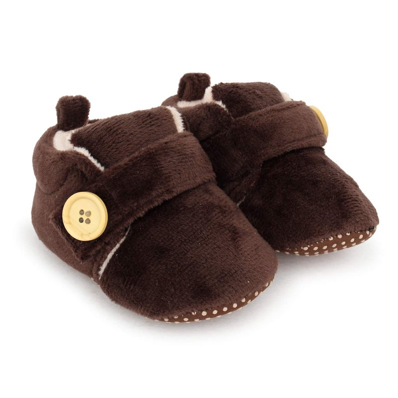 Superminis unisex-baby Dual Color Velvet Soft Base Booties/Shoes With Wooden Button 0-6 Months Brown+Peach - Image 1
