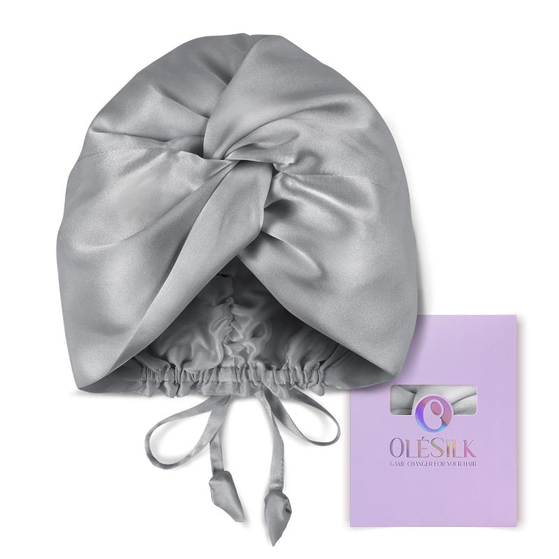 OLESILK Silk Bonnet for Sleeping Women 100 Mulberry 22 Momme Silk Adjustable Fit for Night Hair Care No Frizz for Curls Light Grey