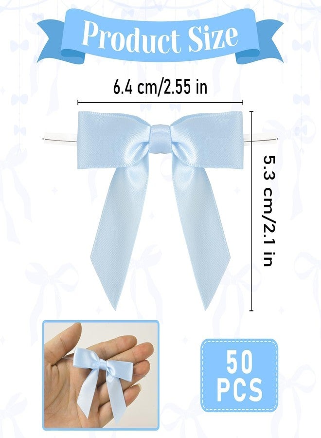 Aufee 50 Pcs Blue Twist Tie Bows for Gift Wrapping, 2.5" Satin Ribbon Bow for Treats Cake Bags Birthday Party Decorations, Wedding Present Wraping Premade Small Bows for Crafts - Image 2