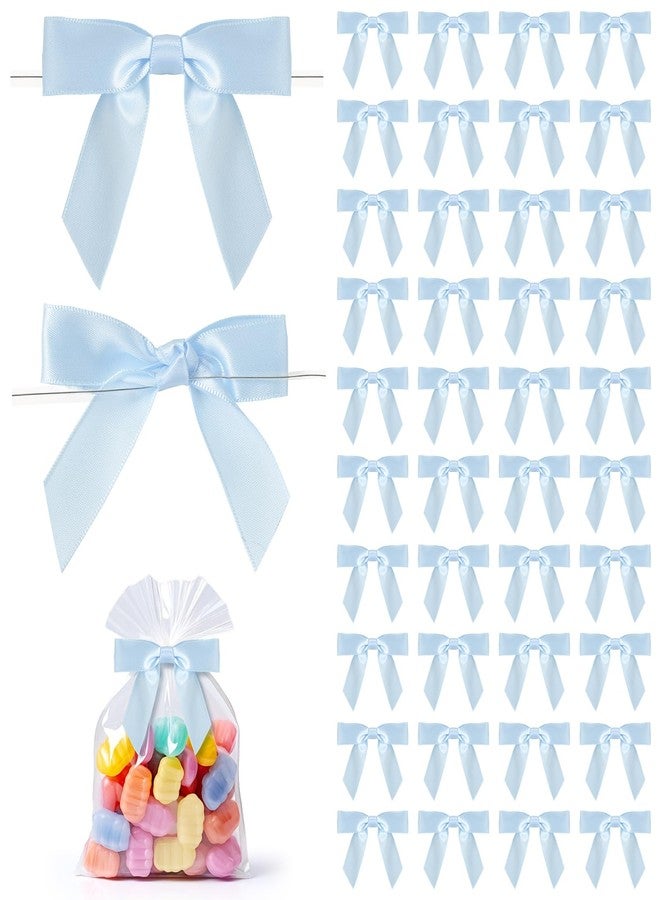 Aufee 50 Pcs Blue Twist Tie Bows for Gift Wrapping, 2.5" Satin Ribbon Bow for Treats Cake Bags Birthday Party Decorations, Wedding Present Wraping Premade Small Bows for Crafts - Image 1