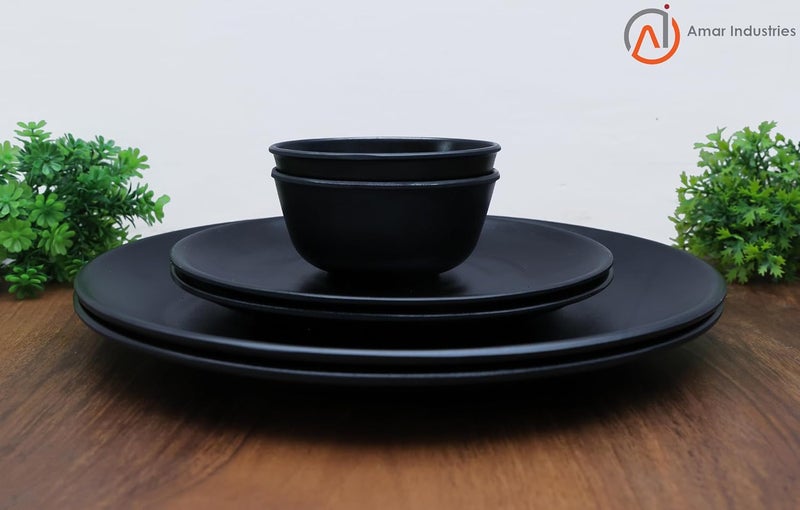 Amar Industries Elegant Unabreakable Melamine Dinner Set Matte Black Spiral Design Full Plates Half Plates with Bowl Serve 2 Set of 6 - Image 2
