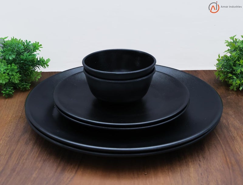 Amar Industries Elegant Unabreakable Melamine Dinner Set Matte Black Spiral Design Full Plates Half Plates with Bowl Serve 2 Set of 6 - Image 3