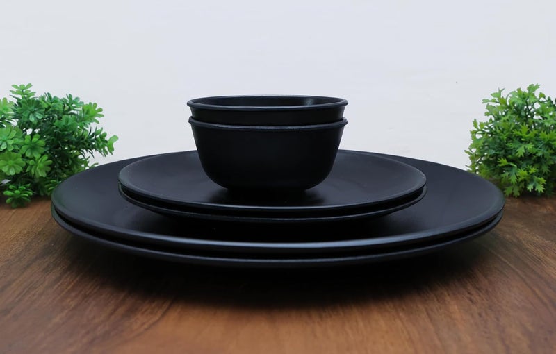 Amar Industries Elegant Unabreakable Melamine Dinner Set Matte Black Spiral Design Full Plates Half Plates with Bowl Serve 2 Set of 6 - Image 1