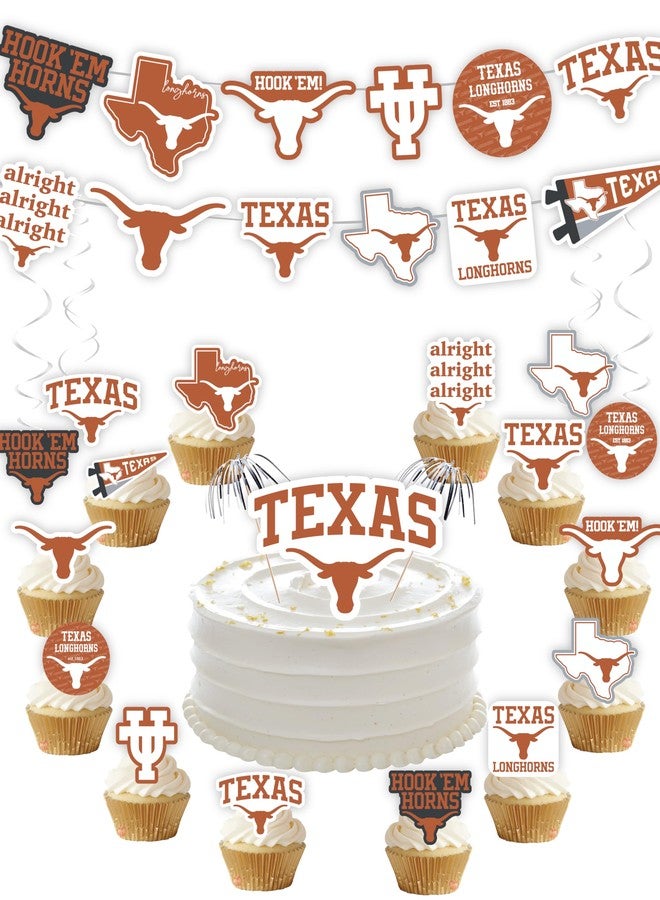 PartyKandy University of Texas Party Supplies for Football, Birthday Gift, Graduation Party Banner and Cake Toppers (42 Pieces) (Texas Longhorns) - Image 1