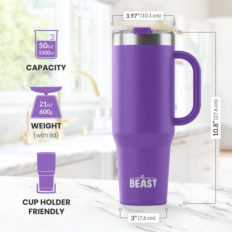 Greens Steel Beast 50 oz Tumbler Stainless Steel Vacuum Insulated Coffee Ice Cup Double Wall Travel Flask (Deep Purple)  - Image 3