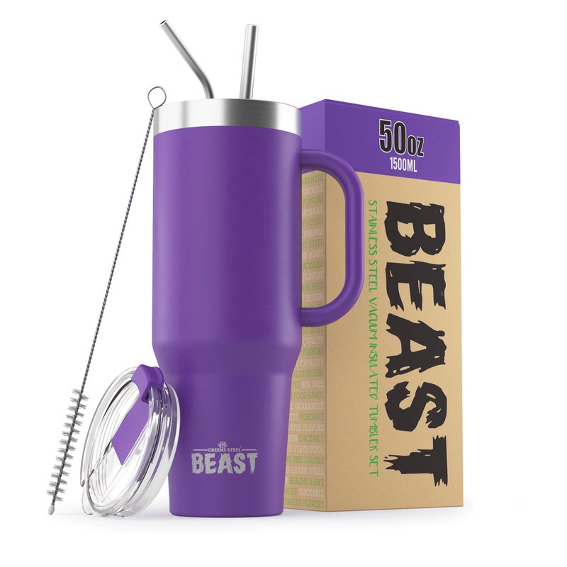Greens Steel Beast 50 oz Tumbler Stainless Steel Vacuum Insulated Coffee Ice Cup Double Wall Travel Flask (Deep Purple)  - Image 1