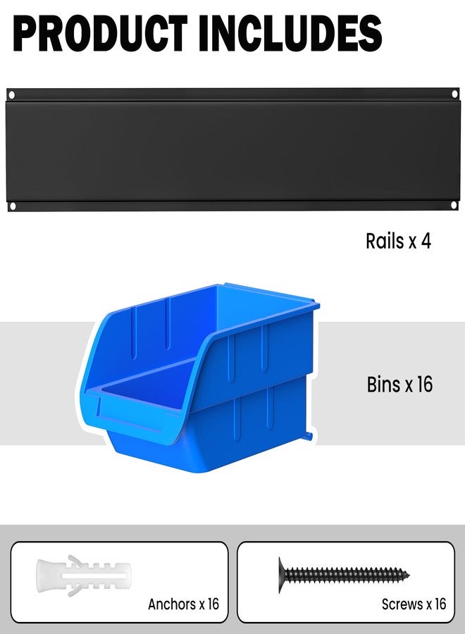 Ultrawall Wall Mounted Storage Bins, Plastic Hanging Storage Organizer Bins, Garage Tool Storage System for Screws, Nuts, Bolts, Nails, and Small Hardware Parts, 16x bins & 4 x rails, Blue - Image 3