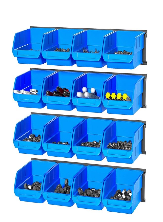 Ultrawall Wall Mounted Storage Bins, Plastic Hanging Storage Organizer Bins, Garage Tool Storage System for Screws, Nuts, Bolts, Nails, and Small Hardware Parts, 16x bins & 4 x rails, Blue - Image 1