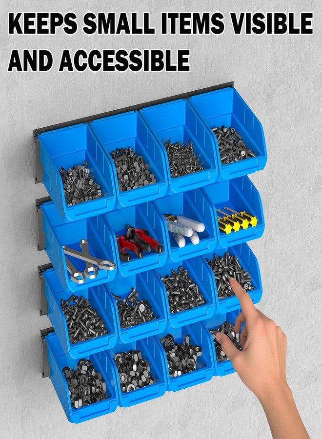 Ultrawall Wall Mounted Storage Bins, Plastic Hanging Storage Organizer Bins, Garage Tool Storage System for Screws, Nuts, Bolts, Nails, and Small Hardware Parts, 16x bins & 4 x rails, Blue - Image 5
