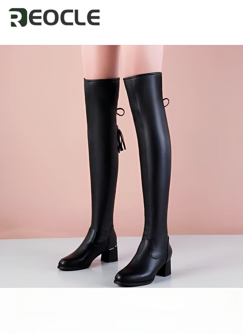 Long Boots  for Women Soft Leather Stretch Boots Slimming Tall Leather Boots with Sharp Toes Fashionable Thick Heels Over-the-knee Boots with Lace-up Design