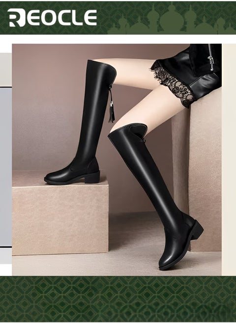 Long Boots  for Women Soft Leather Stretch Boots Slimming Tall Leather Boots with Sharp Toes Fashionable Thick Heels Over-the-knee Boots with Lace-up Design