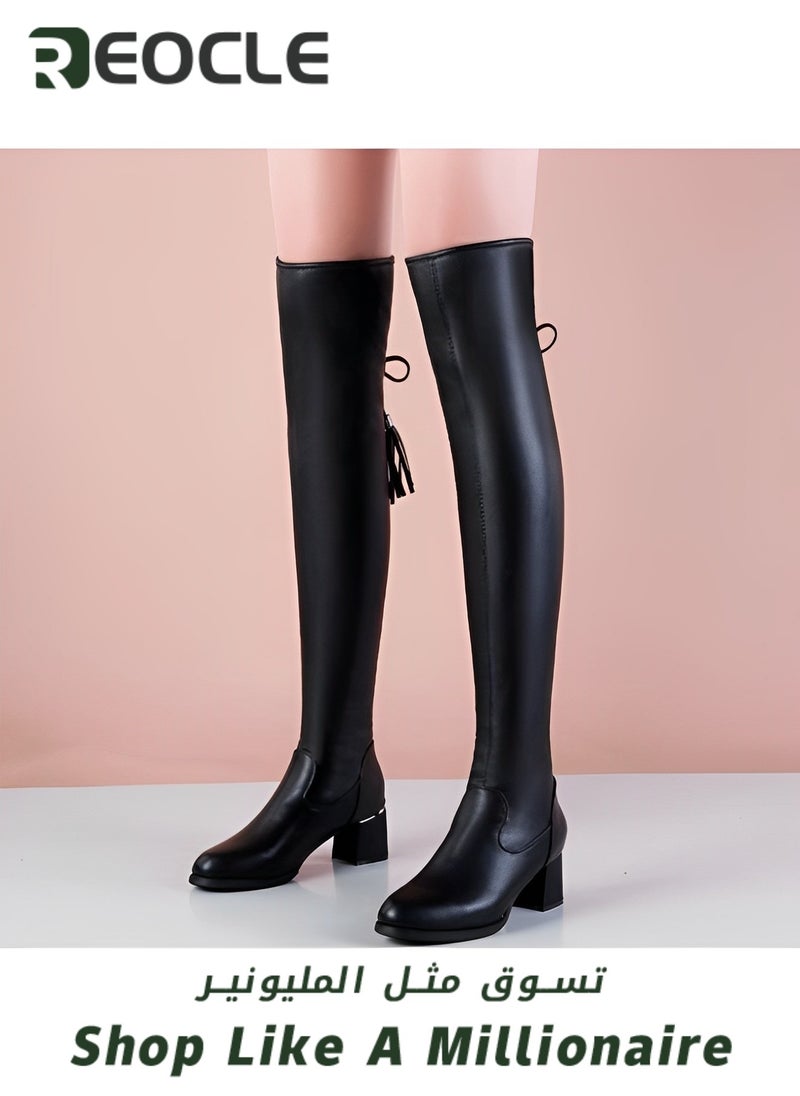 REOCLE - Long Boots  for Women Soft Leather Stretch Boots Slimming Tall Leather Boots with Sharp Toes Fashionable Thick Heels Over-the-knee Boots with Lace-up Design - Image 1