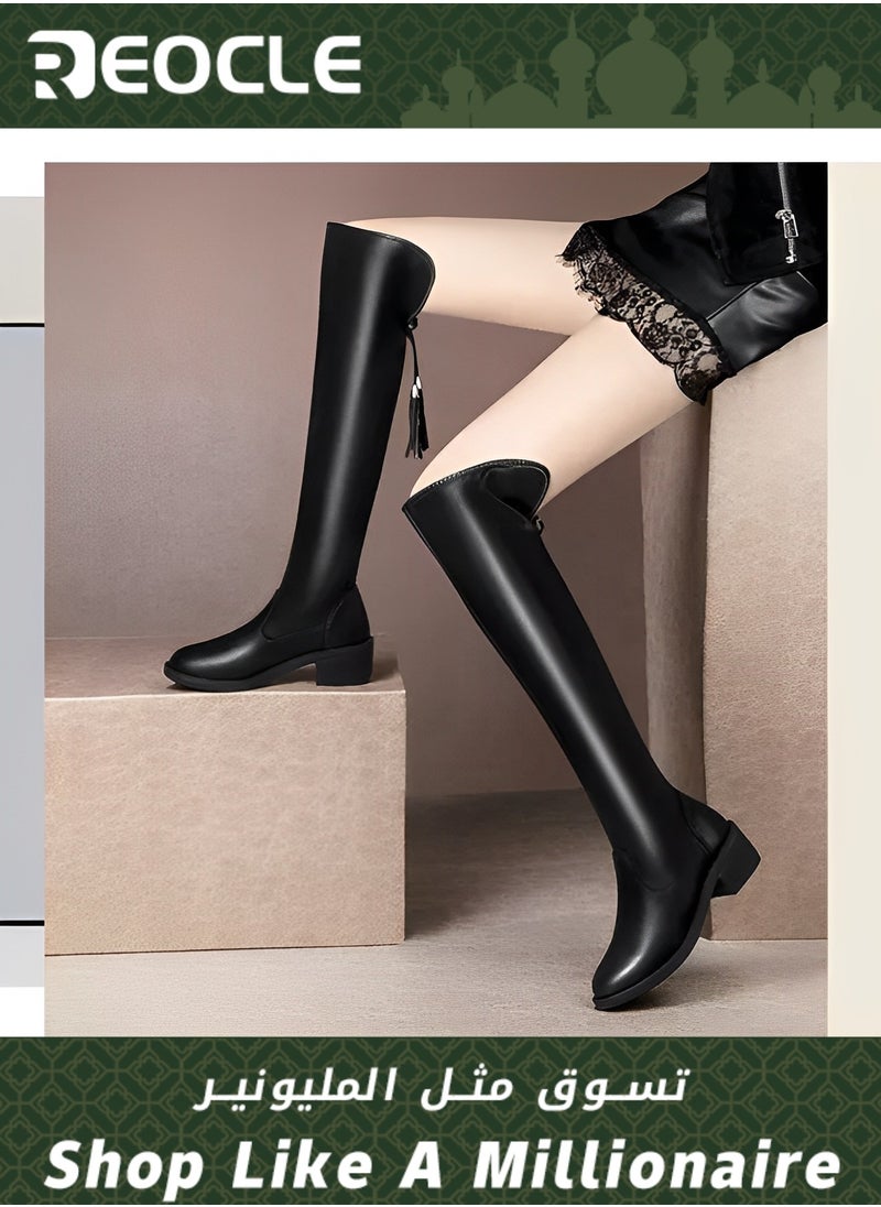 REOCLE - Long Boots  for Women Soft Leather Stretch Boots Slimming Tall Leather Boots with Sharp Toes Fashionable Thick Heels Over-the-knee Boots with Lace-up Design - Image 1