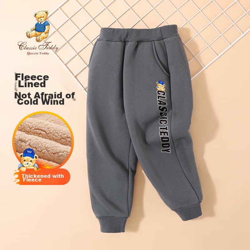 Classic Teddy Boys' Fleece-Lined Pants, Children's Thickened Trousers, Winter Warmth Casual Pants, Carbon Gray, Size 100 - Image 2