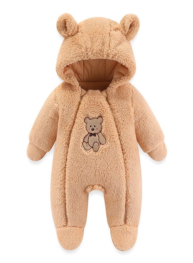 JiAmy Baby Snowsuit Hooded Romper Winter Outfits Boys Girls Cartoon Bear Fleece Jumpsuit Brown Bear 0-3 Months - Image 1
