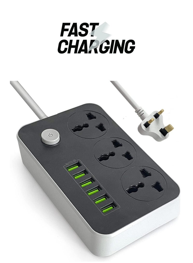 ELTRAZONE Power Strip Extension Cord with 3 Outlets and 6 USB Ports – 2M Heavy-Duty Extension Cable - Image 1