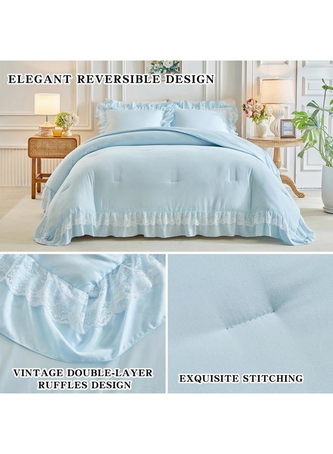 Joyreap Queen Size Comforter Set Blue, 3pcs Lace Ruffled Bedding Comforter Set, Microfiber Vintage Boho Chic Bedding Set for All Season- 88x88 inches - Image 4