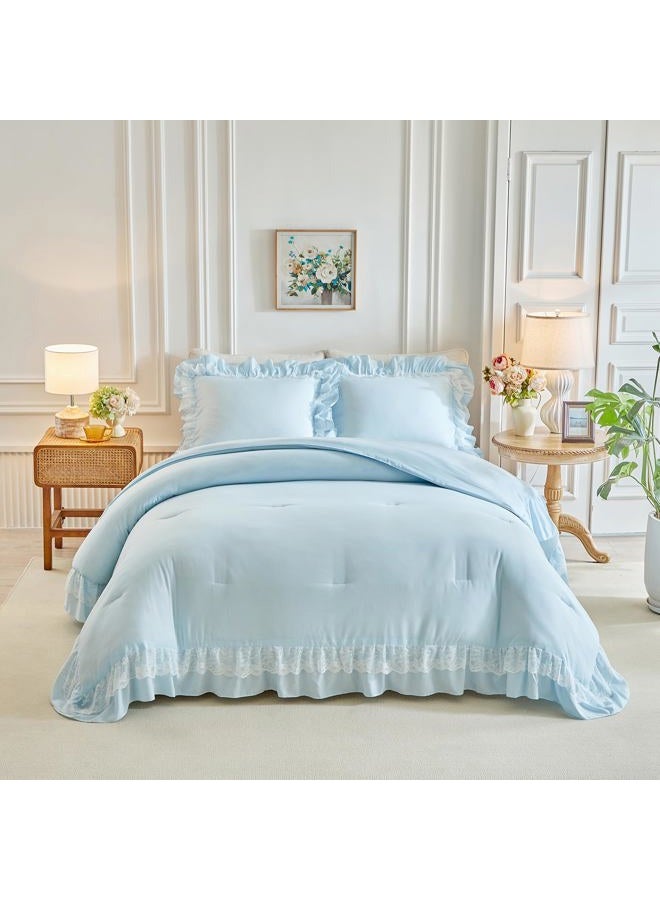 Joyreap Queen Size Comforter Set Blue, 3pcs Lace Ruffled Bedding Comforter Set, Microfiber Vintage Boho Chic Bedding Set for All Season- 88x88 inches - Image 2