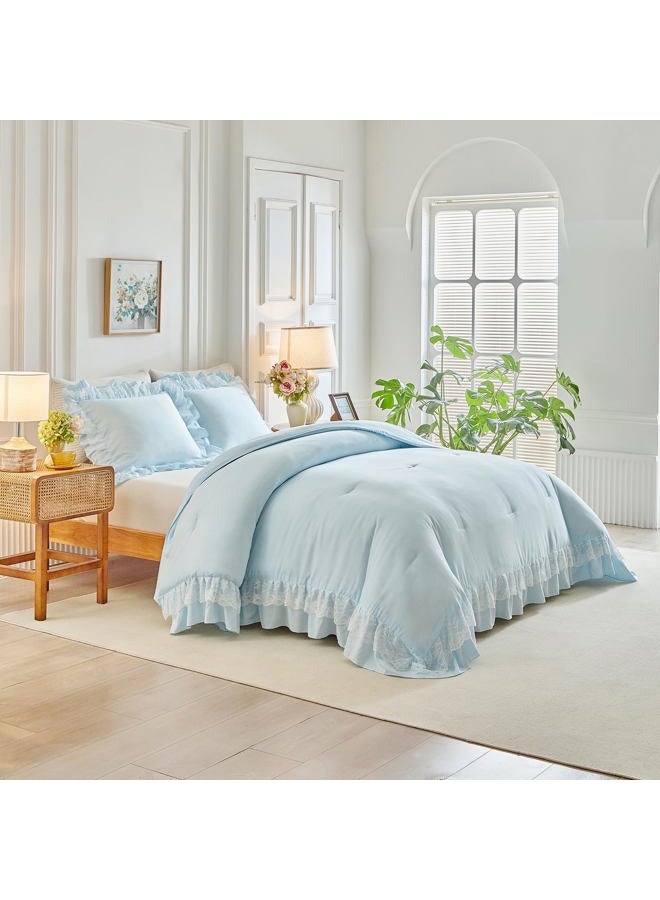 Joyreap Queen Size Comforter Set Blue, 3pcs Lace Ruffled Bedding Comforter Set, Microfiber Vintage Boho Chic Bedding Set for All Season- 88x88 inches - Image 3