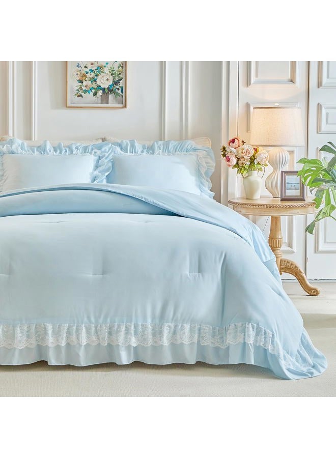 Joyreap Queen Size Comforter Set Blue, 3pcs Lace Ruffled Bedding Comforter Set, Microfiber Vintage Boho Chic Bedding Set for All Season- 88x88 inches - Image 1