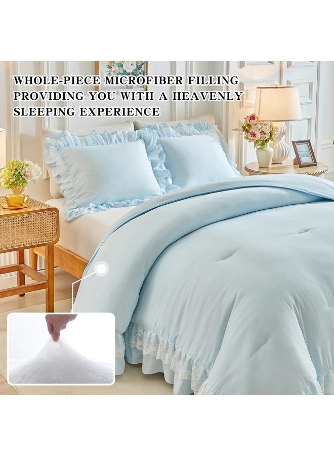 Joyreap Queen Size Comforter Set Blue, 3pcs Lace Ruffled Bedding Comforter Set, Microfiber Vintage Boho Chic Bedding Set for All Season- 88x88 inches - Image 5
