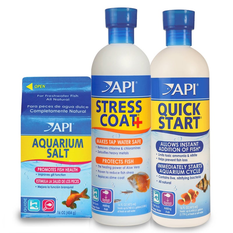 API Aquarium Starter Bundle Pack: One (1) API QUICK START 16 oz., one (1) API STRESS COAT 16 oz., one (1) API AQUARIUM SALT 16 oz. - Image 1