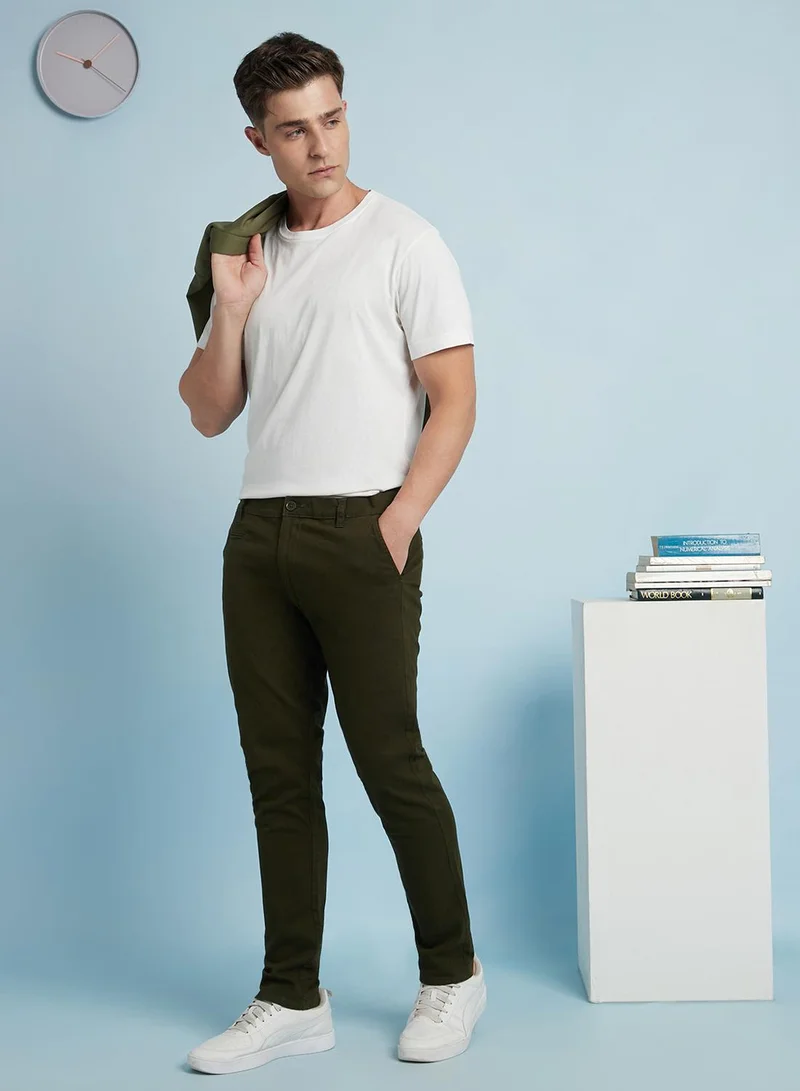 Men's Light Green 100% Cotton Solid Full Length Chinos Straight Fit Trouser