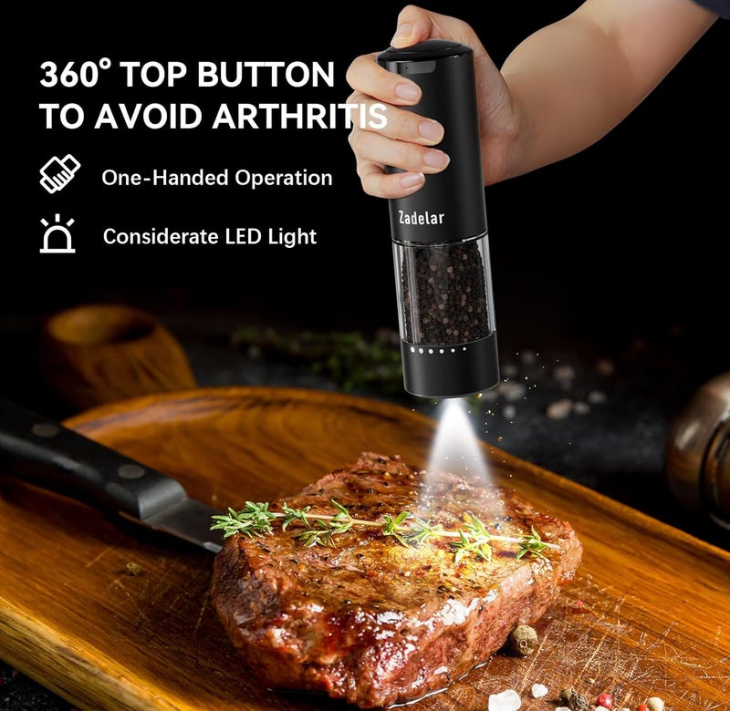 Zadelar Electric Rechargeable Salt and Pepper Grinder Set,Automatic Pepper Mill Grinder with USB C Charging Dock,Upgraded 95ml Large Capacity,Adjustable Coarseness,LED Light,High-end Black - Image 2