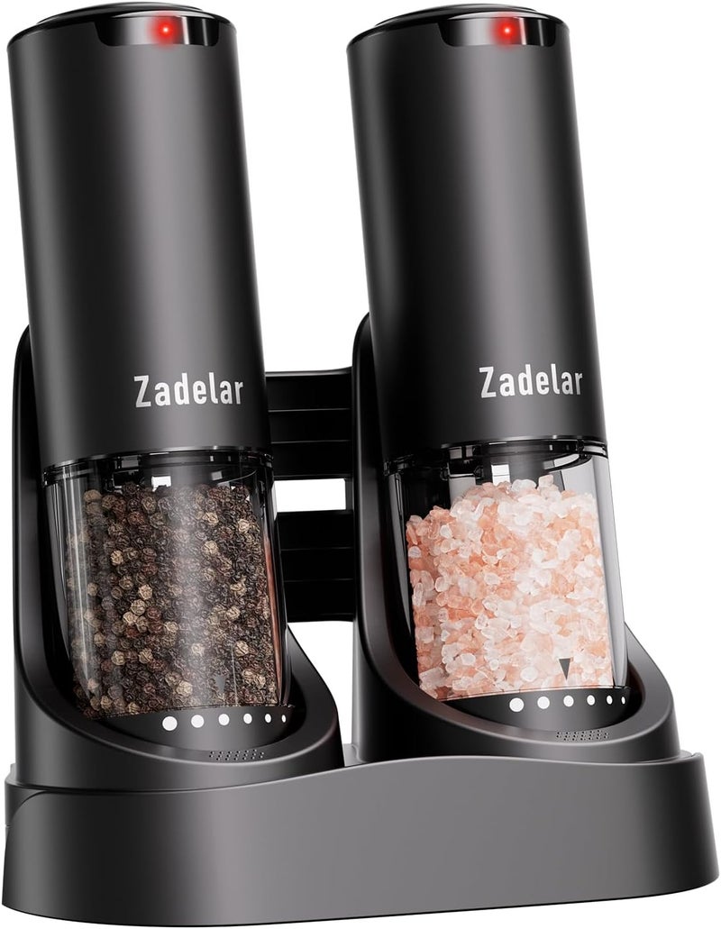 Zadelar Electric Rechargeable Salt and Pepper Grinder Set,Automatic Pepper Mill Grinder with USB C Charging Dock,Upgraded 95ml Large Capacity,Adjustable Coarseness,LED Light,High-end Black - Image 1