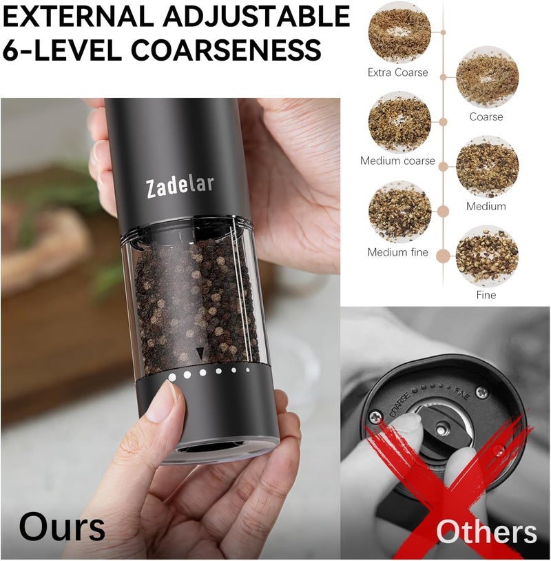 Zadelar Electric Rechargeable Salt and Pepper Grinder Set,Automatic Pepper Mill Grinder with USB C Charging Dock,Upgraded 95ml Large Capacity,Adjustable Coarseness,LED Light,High-end Black - Image 3