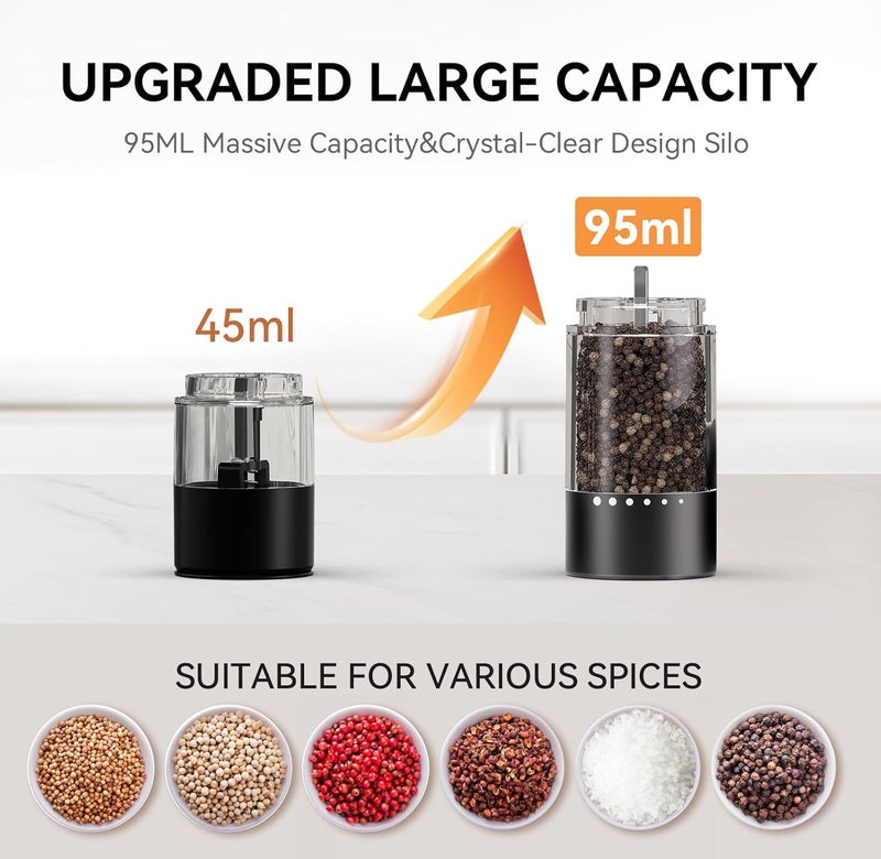 Zadelar Electric Rechargeable Salt and Pepper Grinder Set,Automatic Pepper Mill Grinder with USB C Charging Dock,Upgraded 95ml Large Capacity,Adjustable Coarseness,LED Light,High-end Black - Image 4