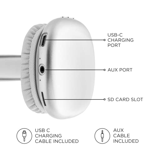 iJoy Ultra Wireless Headphones with Microphone- Rechargeable Over Ear Wireless Bluetooth Headphones with 10Hr Playtime, SD Slot, Backup Wire- Soft Cushion Wireless Headset with Mic (Silver) - Image 3