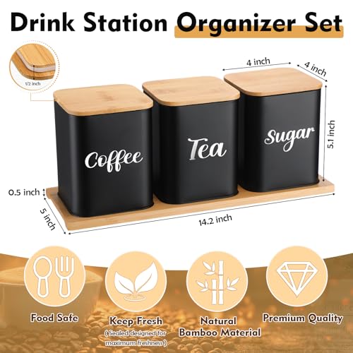Tioncy Coffee Tea Sugar Container with Tray Set of 3 Airtight Metal Canister with Bamboo Lid Tray for Kitchen Counter Dining Room Farm House Kitchen Style Drink Station Organizer Set Black - Image 3