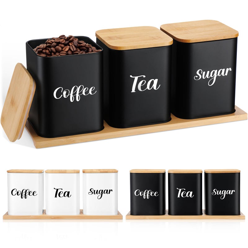 Tioncy Coffee Tea Sugar Container with Tray Set of 3 Airtight Metal Canister with Bamboo Lid Tray for Kitchen Counter Dining Room Farm House Kitchen Style Drink Station Organizer Set Black - Image 2