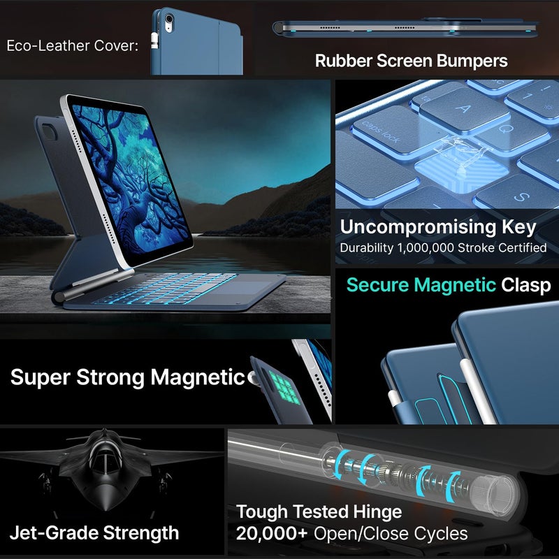 typecase كيبورد تايب كيس إيدج لجهاز آيباد الجيل العاشر (10.9 بوصة، 2022) - 10 ألوان مضيئة، رقيق، لوحة تتبع متعددة اللمس، بلوتوث، غلاف كيبورد مغناطيسي لجهاز آيباد الجيل العاشر 10.9 - أزرق المحيط - Image 5