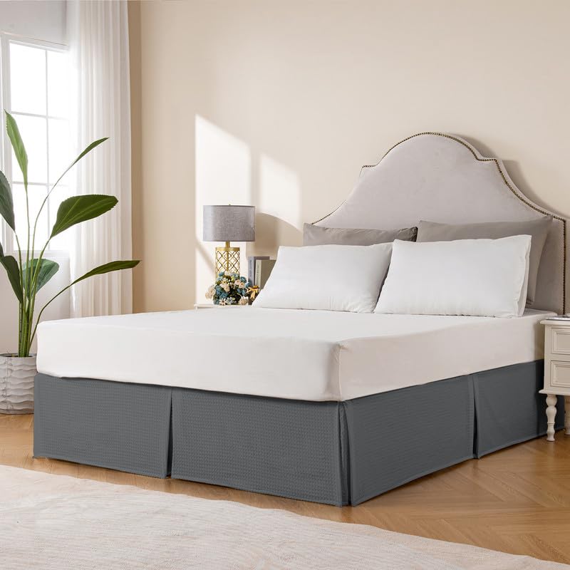 MIYE Pleated Waffle Weave Bed Skirt  Tailored Dust Ruffle 16 Inch Drop Easy Fit  Machine Washable (Dark Grey  TwinXL - 16"" Drop)